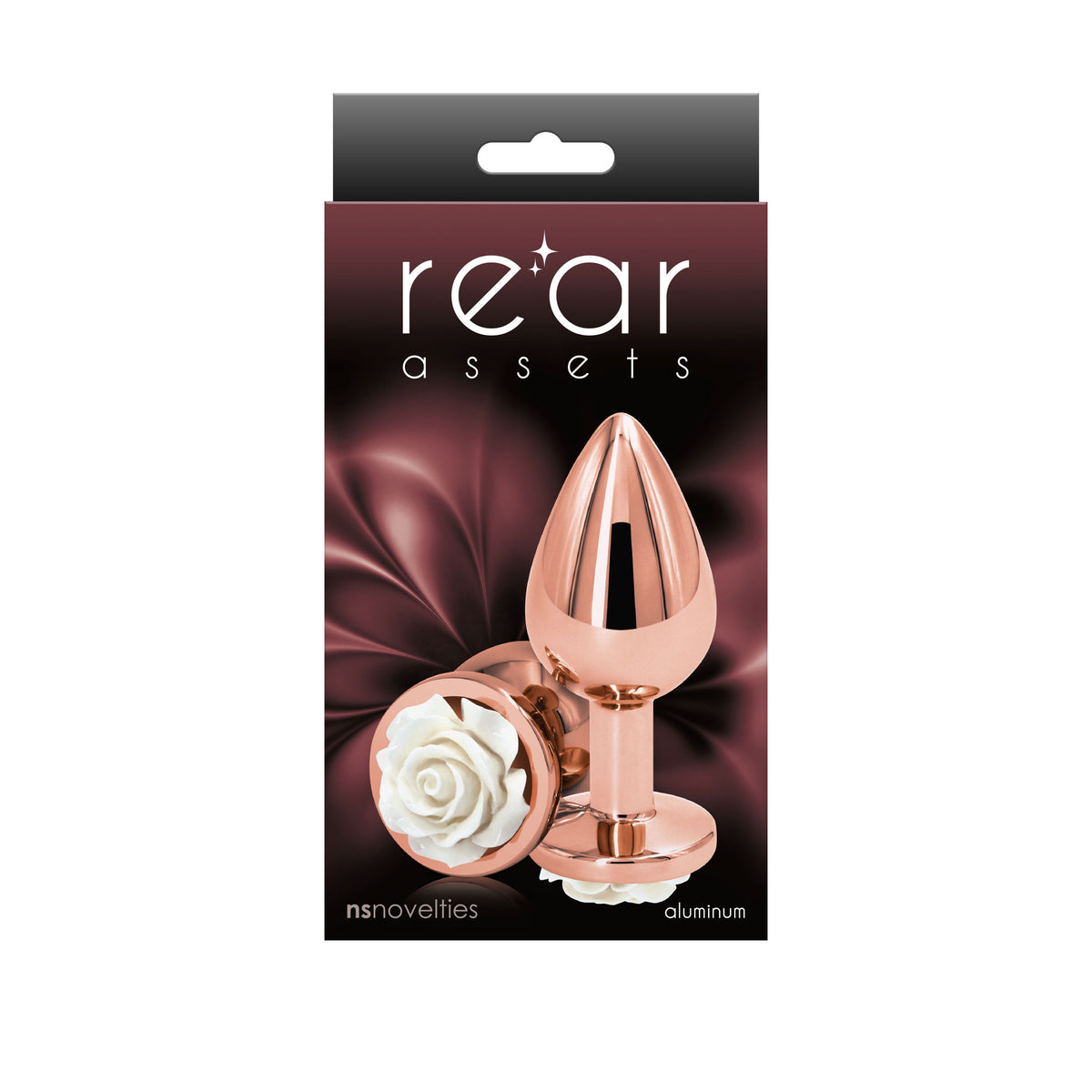Rear Assets Rose Aluminum Anal Plug Medium White in elegant packaging with rose accent and chrome finish.