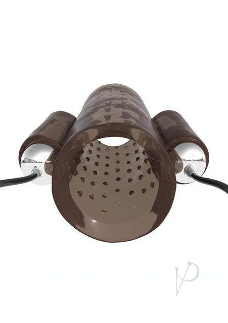 Classix Dual Vibrating Textured Penis Sleeve Smoke Clear with vibrating bullets and textured design for stimulation.