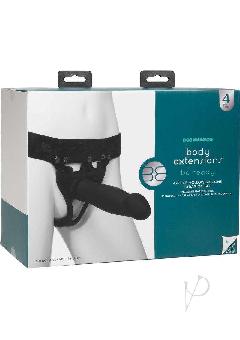 Body Extensions Be Ready Silicone Strap-On Set Black packaging showcasing a four-piece hollow silicone strap-on system.