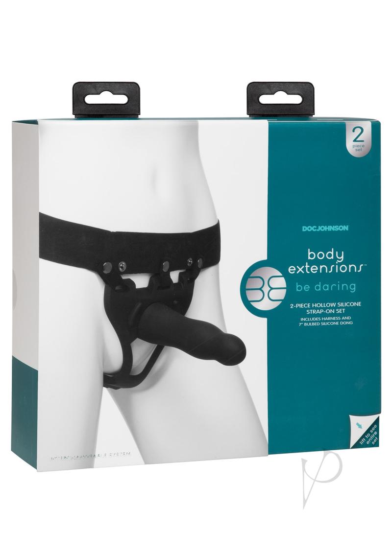 Body Extensions Be Daring Hollow Strap On 7 Inch Black packaging featuring silicone strap-on and harness.
