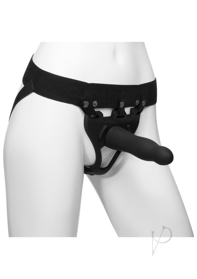 Body Extensions Be Daring Hollow Strap On 7 Inch Black harness and attachment displayed on a mannequin.