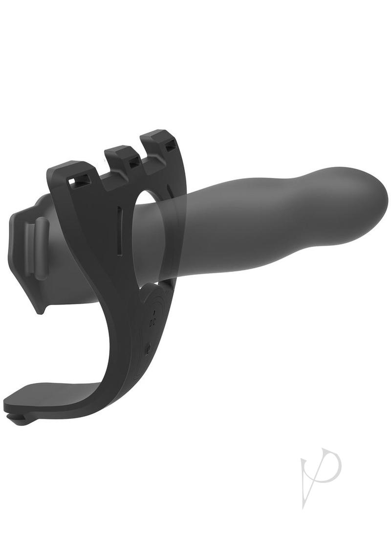 Body Extensions Be Naughty Silicone Strap-On Harness Black close-up view of the strap-on attachment with harness