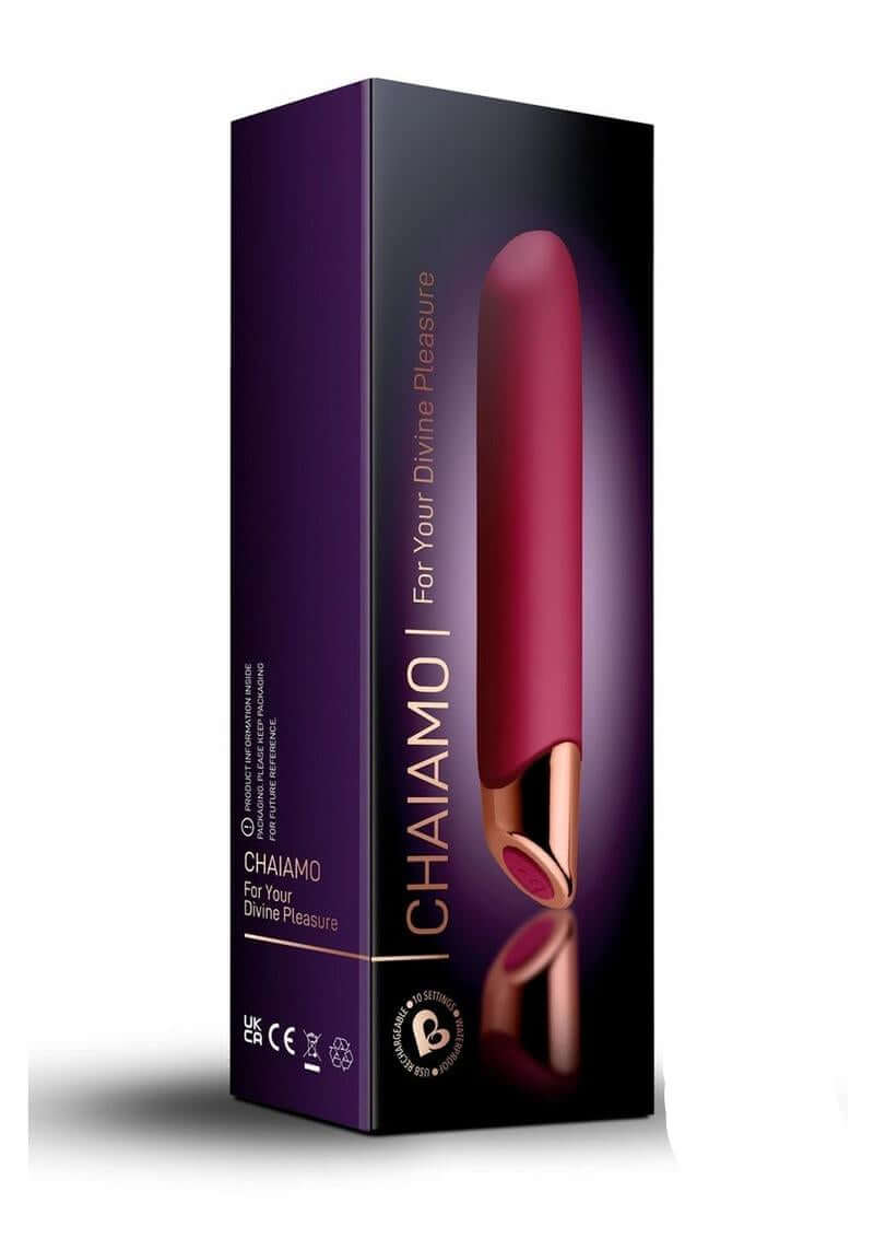 Chaiamo Rechargeable Silicone Vibrator Burgundy packaging with elegant design for sensual pleasure.