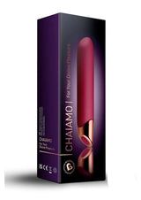 Chaiamo Rechargeable Silicone Vibrator Burgundy packaging with elegant design for sensual pleasure.