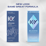 K-Y Premium Silicone Personal Lubricant 1.5 Oz packaging showcasing new look and long-lasting formula.