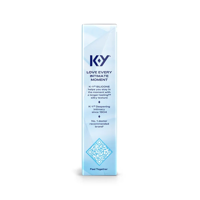 K-Y Premium Silicone Personal Lubricant 1.5 Oz packaging showcasing silky texture for intimate moments.