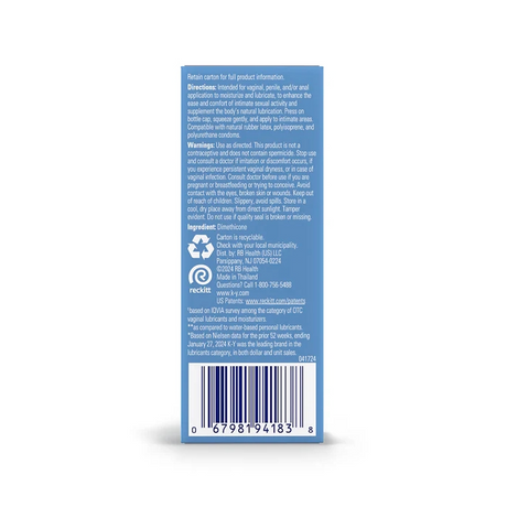 K-Y Premium Silicone Personal Lubricant 1.5 Oz product packaging with usage directions and ingredient information.