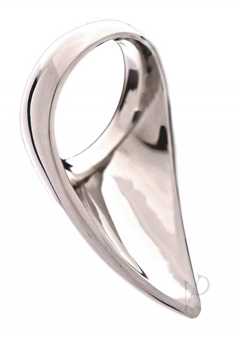 Rouge Stainless Steel Play Tear Drop Cockring 45mm Silver showing sleek design and smooth pointed tip.