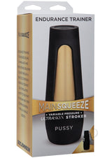 Main Squeeze Endurance Trainer Ultraskyn Pussy Stroker packaging with squeeze grip design and endurance training features.