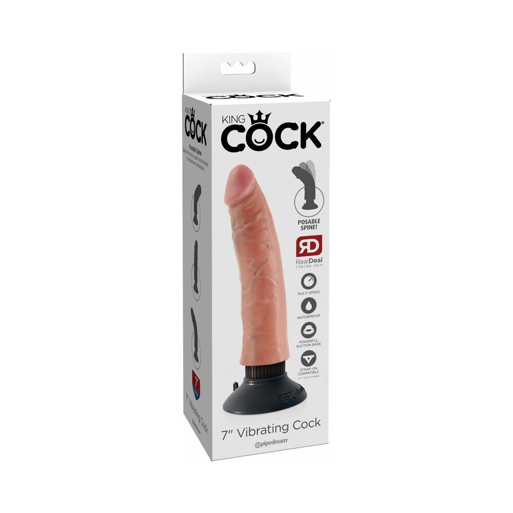 King Cock 7 inches Vibrating Cock Poseable Dildo With Suction Cup Beige