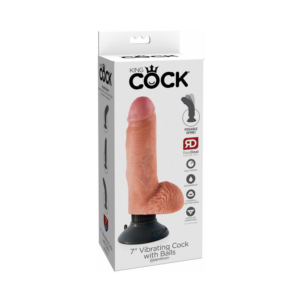 King Cock 7 inches Vibrating Cock With Balls Poseable Suction Cup Dildo Beige