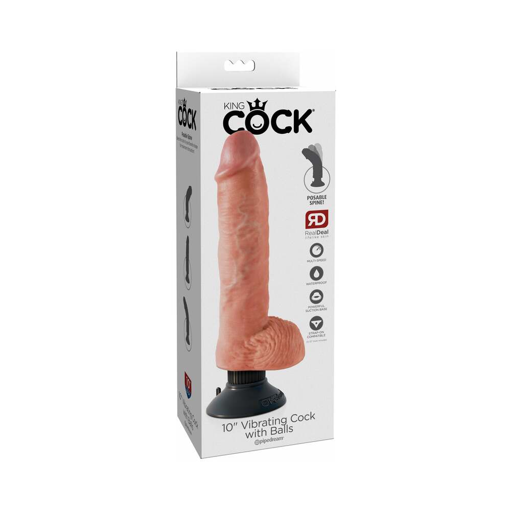 King Cock 10 inches Vibrating Cock With Balls Poseable Suction Cup Dildo Beige