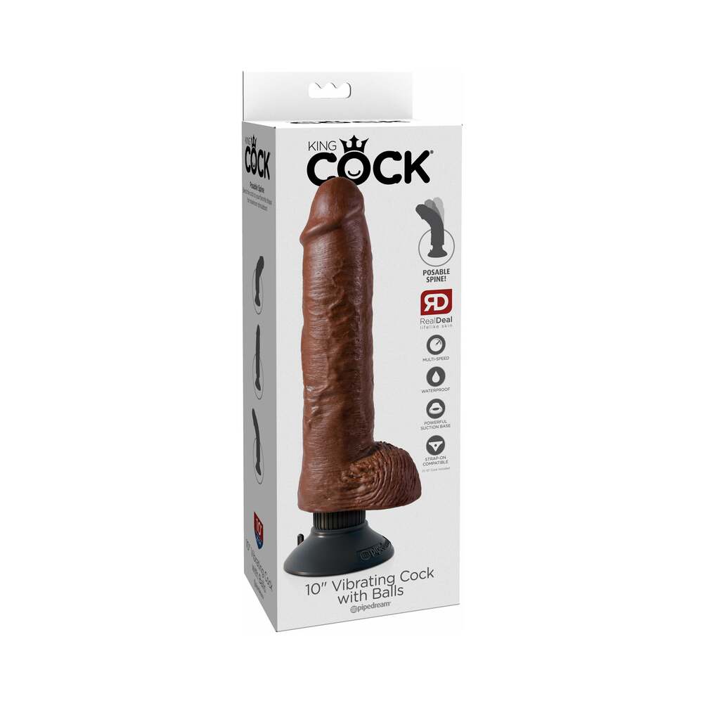 King Cock 10 inches Vibrating Cock With Balls Poseable Suction Cup Dildo Brown