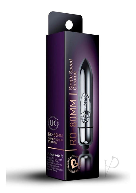 RO 80mm Single Speed Bullet Vibrator Chrome packaging showcasing sleek design and compact size.