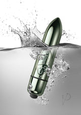 RO 80mm Single Speed Bullet Vibrator Chrome submerged in water with splashes around it.