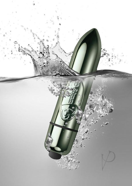 RO 80mm Single Speed Bullet Vibrator Chrome submerged in water with splashes around it.