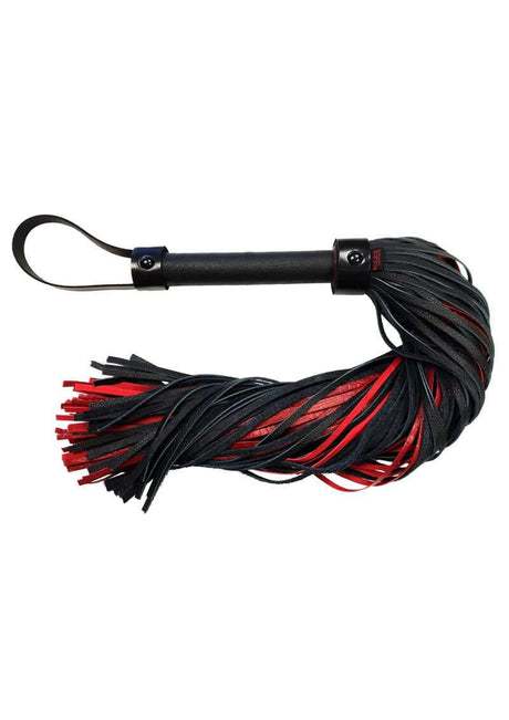 Rouge Anaconda Leather Flogger with Cuff Black and Burgundy, featuring genuine leather strands and a sleek handle design.
