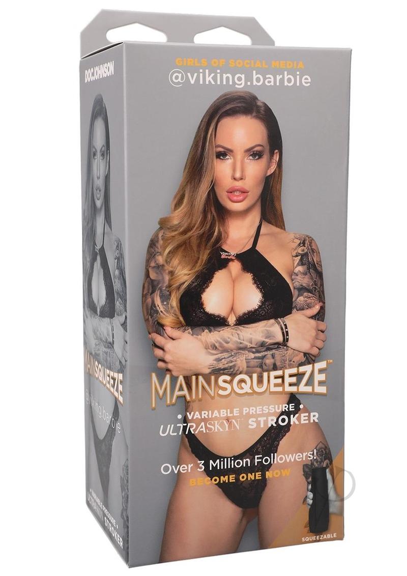 Main Squeeze @viking.barbie Ultraskyn Masturbator Vanilla in its packaging featuring a stylish model.