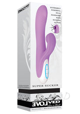 Super Sucker G-Spot Vibrator Clitoral Stimulator Purple in packaging showcasing powerful dual massager design.