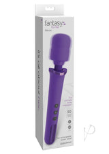Fantasy For Her Power Wand Multispeed Silicone Purple in packaging with controls and features highlighted.