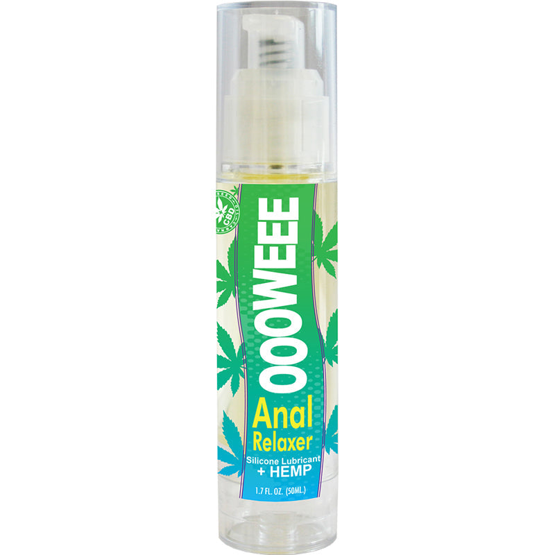OOOWEE Anal Relaxing Silicone Lubricant 1.7 Oz bottle with a clear pump dispenser and hemp leaf design.