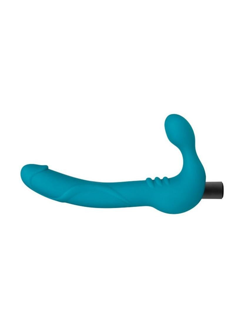 Temptasia Luna Strapless Vibrating Dildo with Bullet 9 inch Teal side view image showcasing its curved design and silicone material.