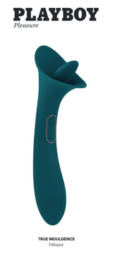 Playboy Pleasure True Indulgence Vibrator Deep Teal showcasing soft tongue and powerful shaft for pleasure.