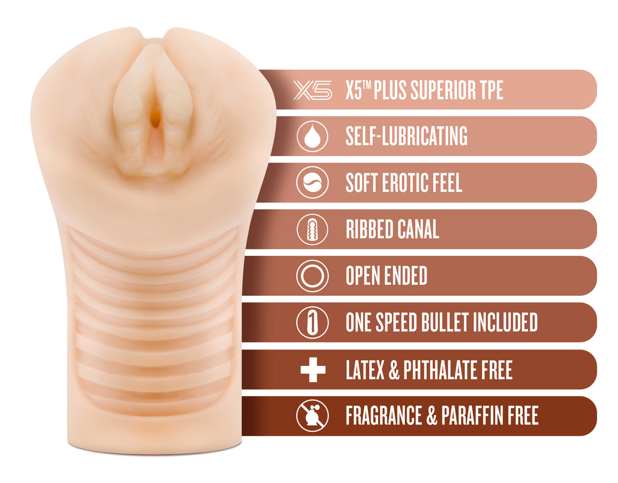 M Elite Soft and Wet Annabella Pussy Stroker Beige with features including self-lubricating, soft feel, and open-ended design.