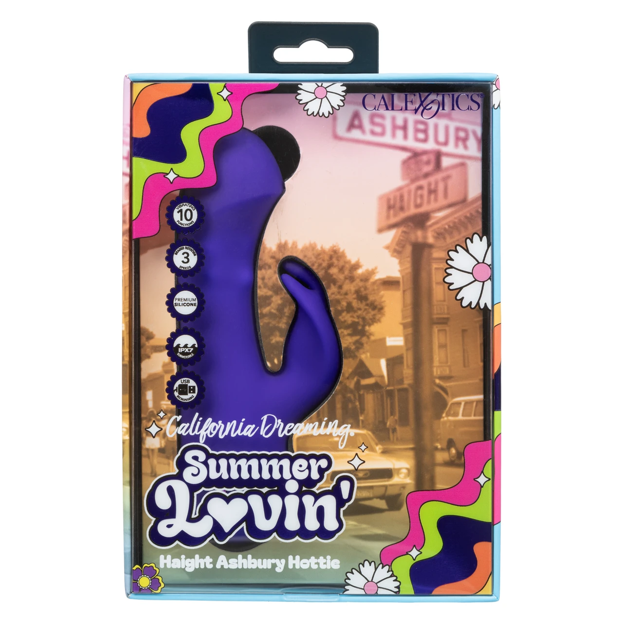 California Dreaming Haight Ashbury Hottie Vibrator Purple packaging featuring groovy design and product details.