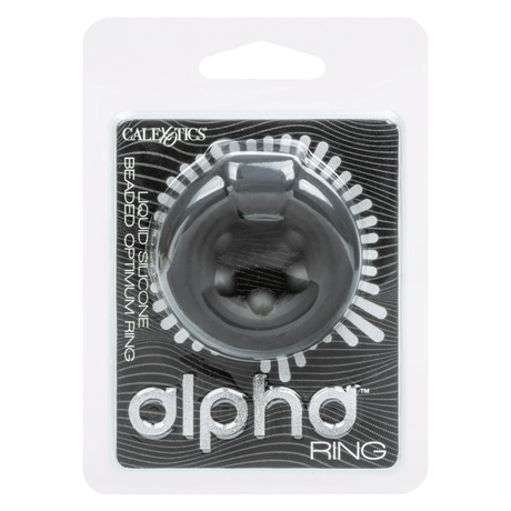 Alpha Liquid Silicone Beaded Optimum Ring Black packaging featuring a sleek design and beaded texture for enhanced pleasure.