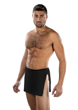 Bulging Blossom Lace Skirt One Size Black worn by a man, featuring a high-cut slit and delicate black lace fabric.