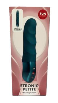 Fun Factory Stronic Petite Thrusting Pulsator Bottle Green packaging with ergonomic design and control buttons.