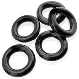 Oxballs Jacker 5-Stack Five-Pack Tube Super-Strong Cockrings Black in a set of five rubbery black cockrings.