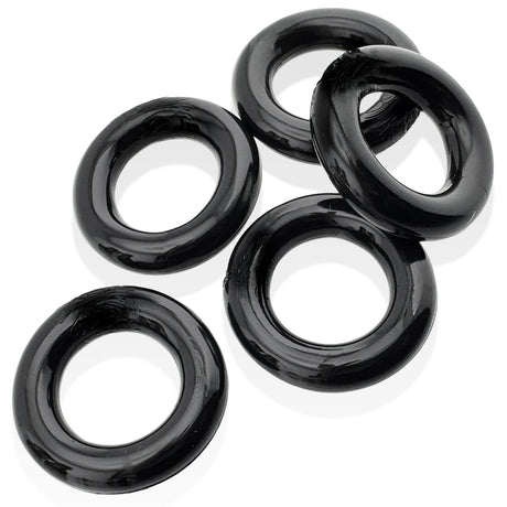 Oxballs Jacker 5-Stack Five-Pack Tube Super-Strong Cockrings Black in a set of five rubbery black cockrings.