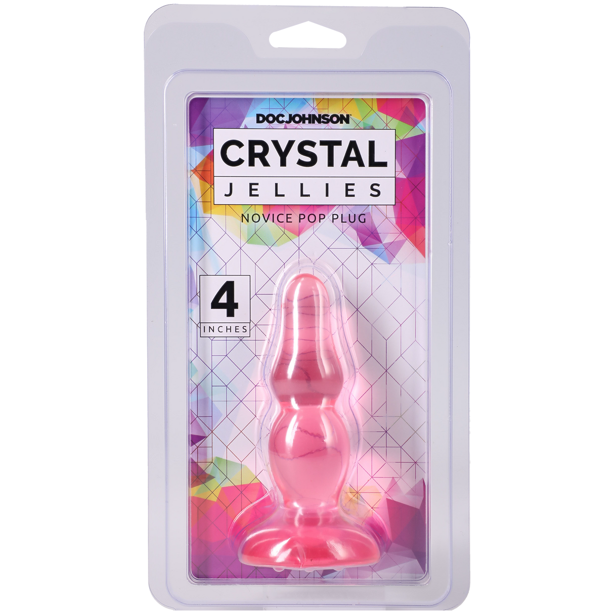 Crystal Jellies Novice Pop Plug 4 Inch Pink packaging displayed with colorful background.