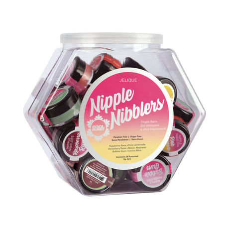 Jelique Nipple Nibbler Tingle Balm Assorted Flavors 36 Pc in a clear container showcasing colorful tins.