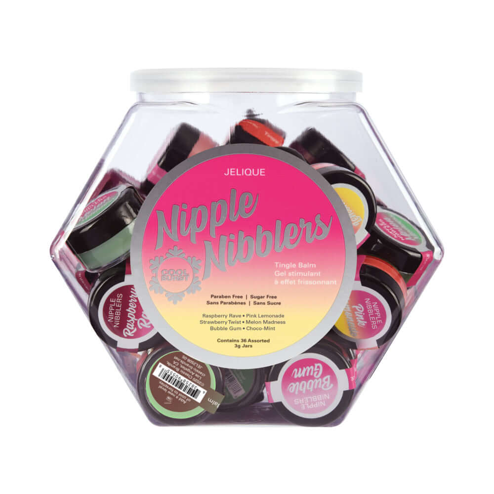 Jelique Nipple Nibbler Tingle Balm Assorted Flavors 36 Pc packaging with colorful balms in a hexagonal jar.