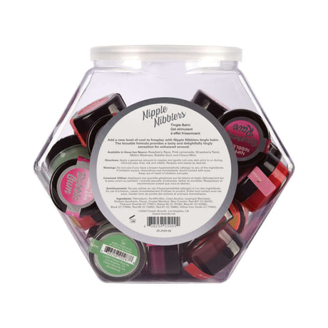 Jelique Nipple Nibbler Tingle Balm Assorted Flavors 36 Pc jar containing various flavored balms for enhancing nipple sensitivity.