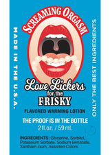 Love Lickers Screamin Orgasm Warming Massage Oil 2 oz label showing flavor and ingredients.