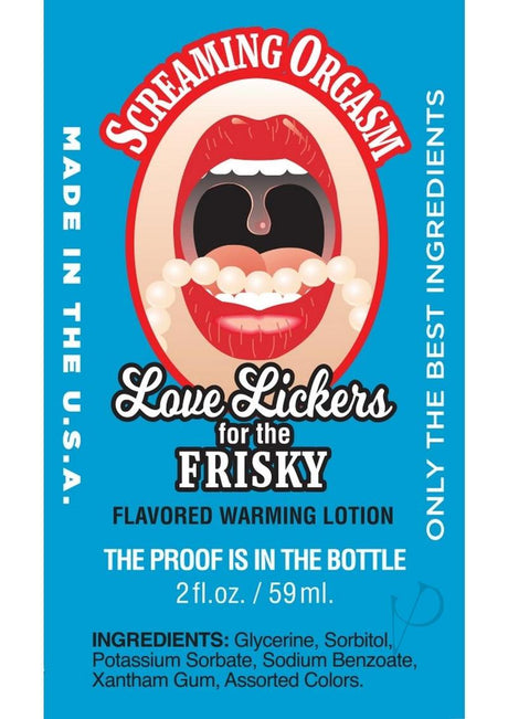 Love Lickers Screamin Orgasm Warming Massage Oil 2 oz label showing flavor and ingredients.