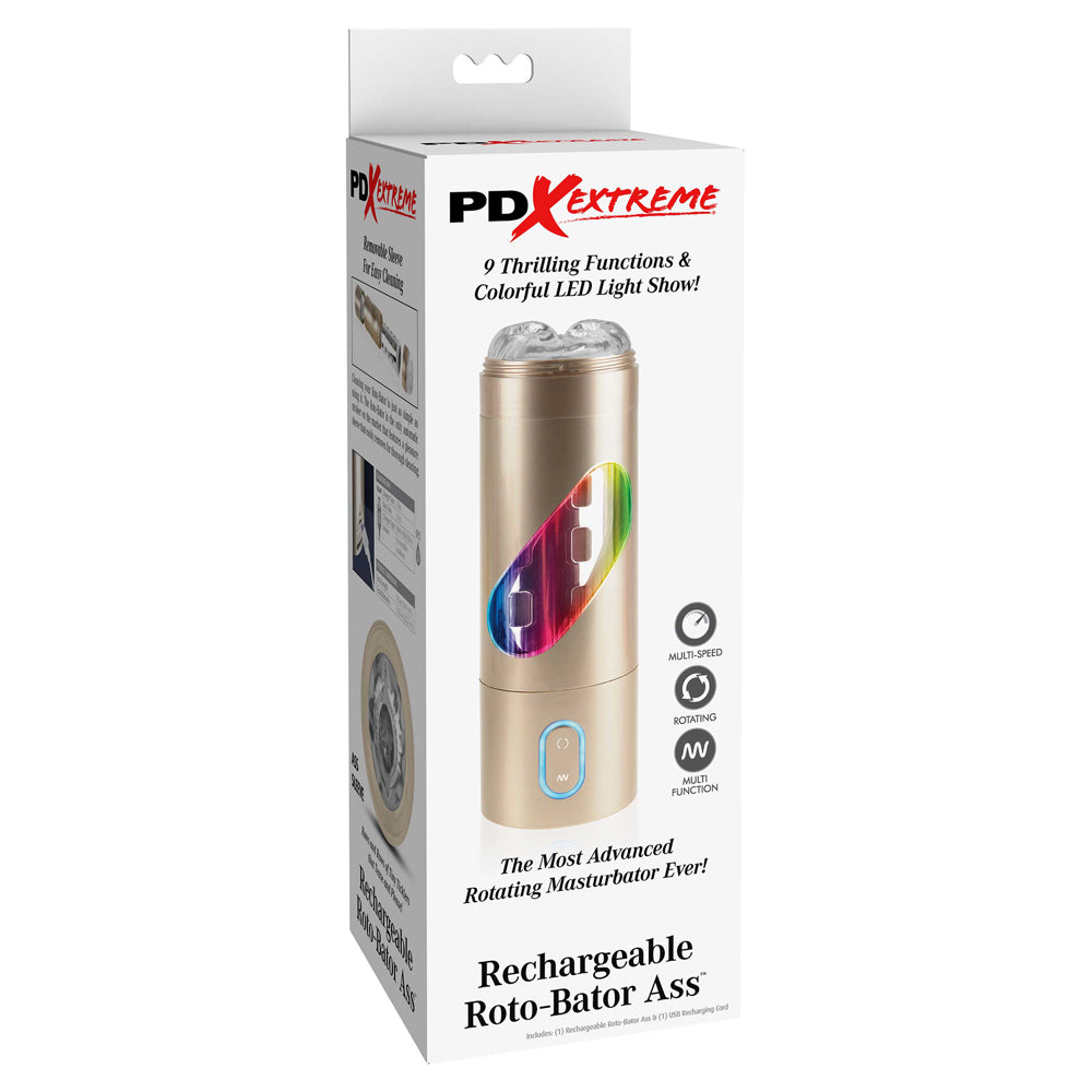 Pipedream Extreme Toyz Rechargeable Roto-bator Ass packaging showcasing 9 functions and LED light show.