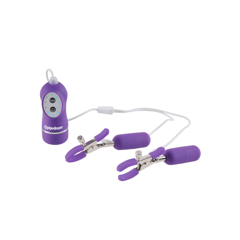 Fetish Fantasy 10-Function Vibrating Nipple Clamps Purple with adjustable settings and soft rubber grips.