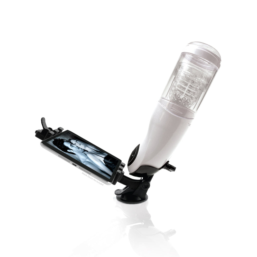 Pipedream Extreme Toyz Mega-Bator Pussy Masturbator with phone holder for immersive experience.