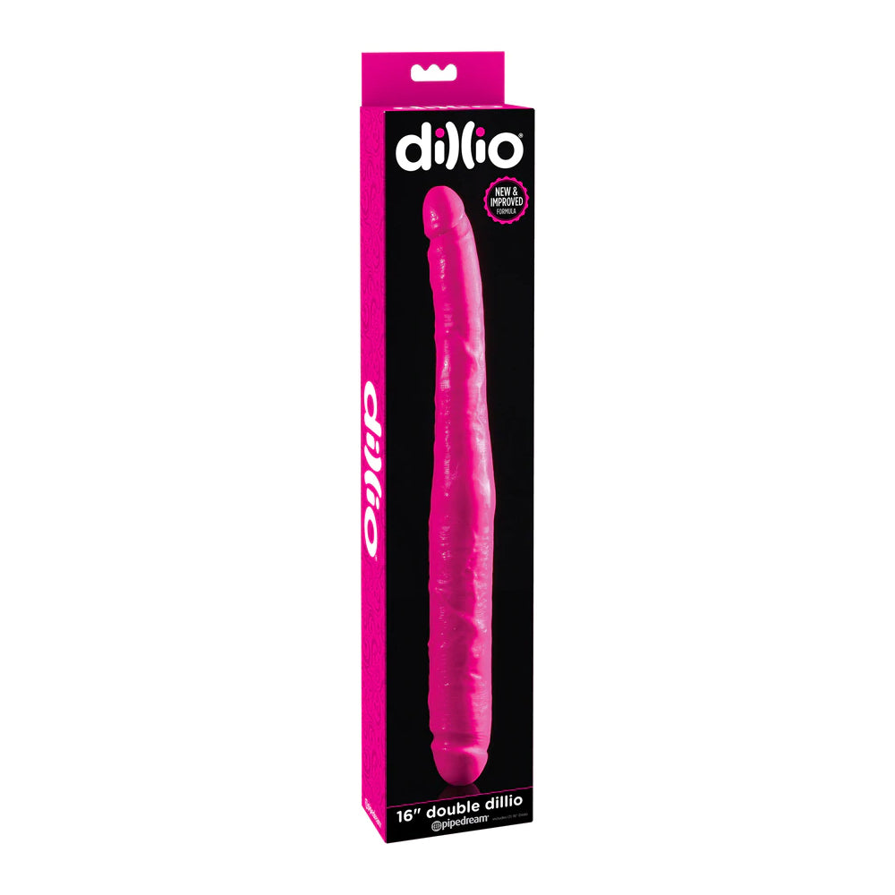 Dillio 16 inch Double Dillio Pink packaging featuring a double-ended pleasure toy.