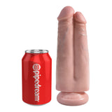 King Cock 7 Inch Two Cocks One Hole Dildo Light beside a soda can for size comparison.