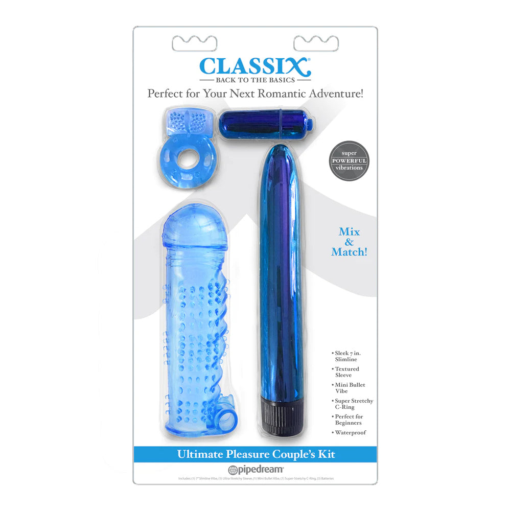 Classix Ultimate Pleasure Couples Kit Blue featuring multi-speed vibe and accessories for partner play.