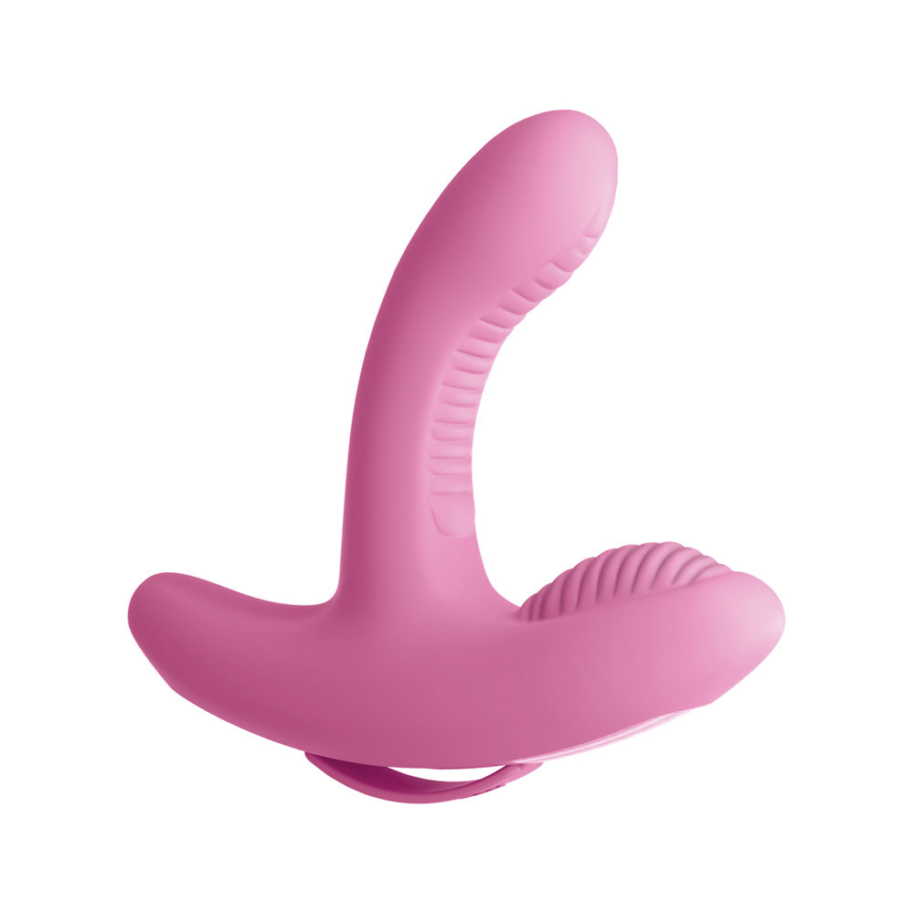 Threesome Rock N' Grind Silicone G-Spot Vibrator in pink, designed for dual stimulation and enhanced pleasure.