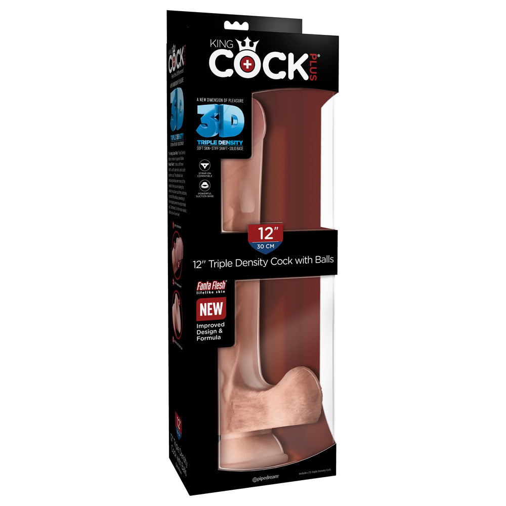 King Cock Plus 12 inches Triple Density Cock With Balls packaging featuring realistic design and suction cup.