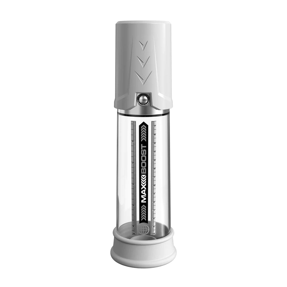 Pump Worx Max Boost Penis Pump White with clear cylinder and measuring scale for enhanced performance.