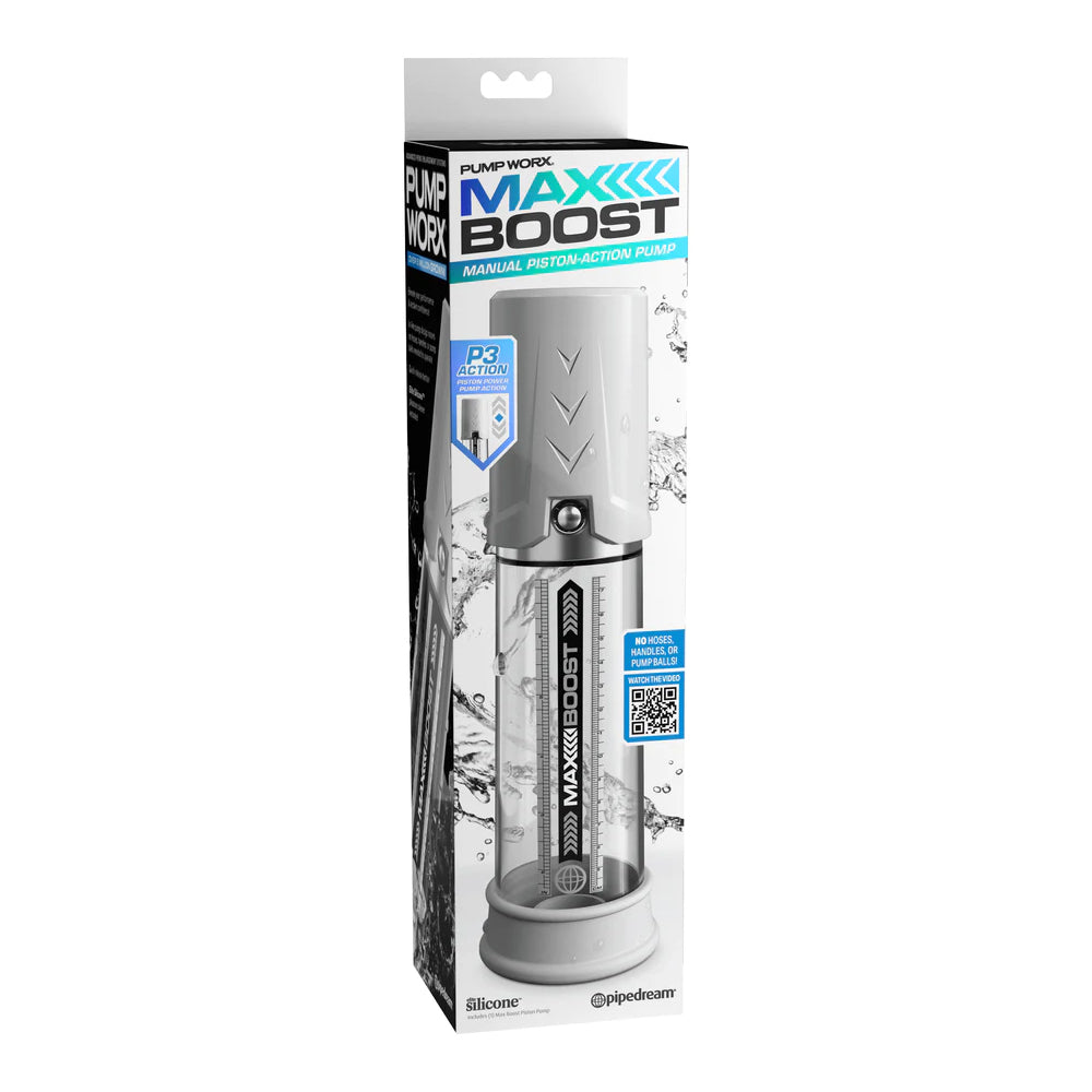 Pump Worx Max Boost Penis Pump White on display packaging, featuring manual piston-action design for enhanced erections.